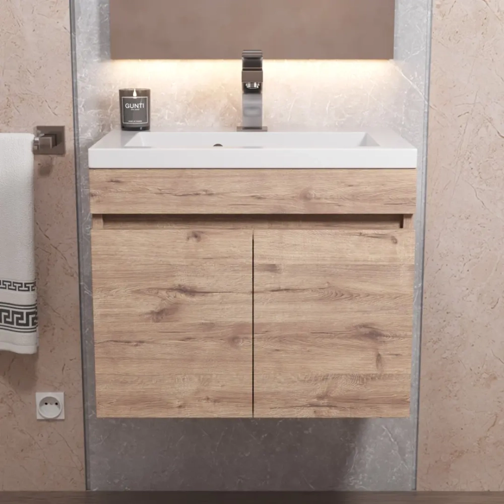Тумба с раковиной для ванной Uperwood Eva, 50 см, подвесная, Крафт Табачный, с дверцами