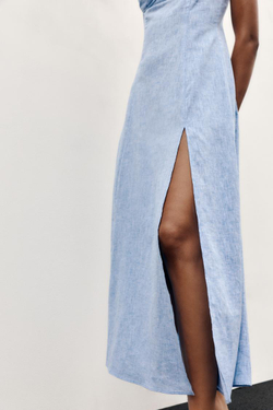 ZARA КОРСЕТНОЕ ПЛАТЬЕ МИДИ ИЗ ЛЬНА, СИНИЙ