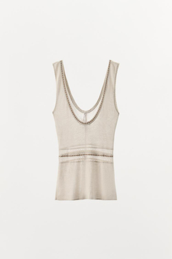 ZARA ТРИКОТАЖНЫЙ ТОП С КОНТРАСТНОЙ ОТДЕЛКОЙ, БЕЖЕВЫЙ