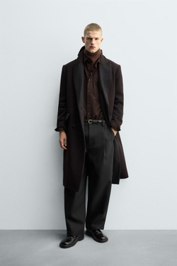 ZARA ПАЛЬТО ИЗ ШЕРСТИ С КОНТРАСТНЫМИ ЛАЦКАНАМИ, ТЕМНО-КОРИЧНЕВЫЙ