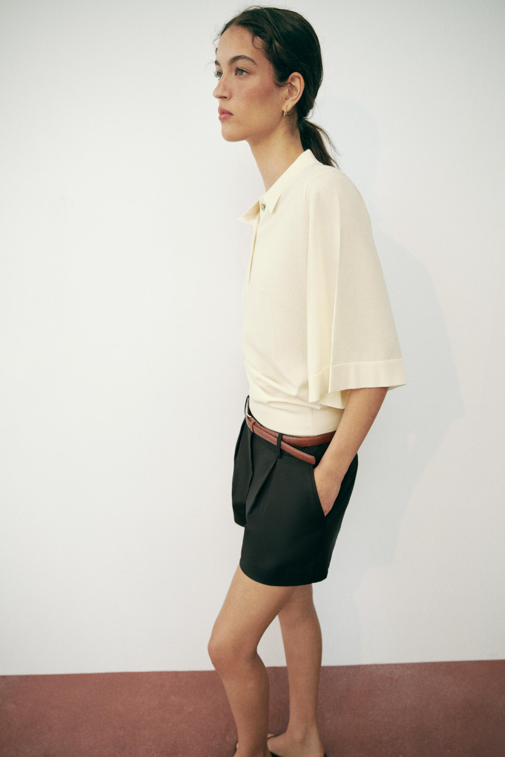 ZARA ТРИКОТАЖНОЕ ПОЛО С РУКАВАМИ ТРИ ЧЕТВЕРТИ, ЭКРЮ
