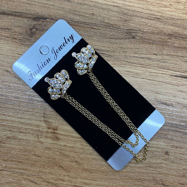 Брошь-шатлен на воротничок с цепочками Корона стразы металл золотистый