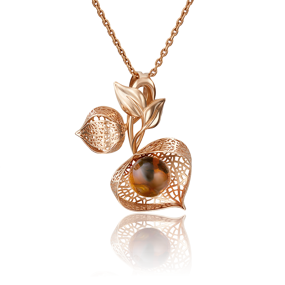 Подвеска «Физалис» из красного золота с янтарём