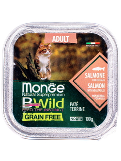 Monge Cat BWild GRAIN FREE беззерновые консервы из лосося с овощами для взрослых кошек 100г