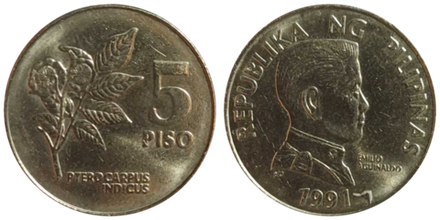 Филиппины 5 писо, 1991 - 1994 Птерокарпус aUNC