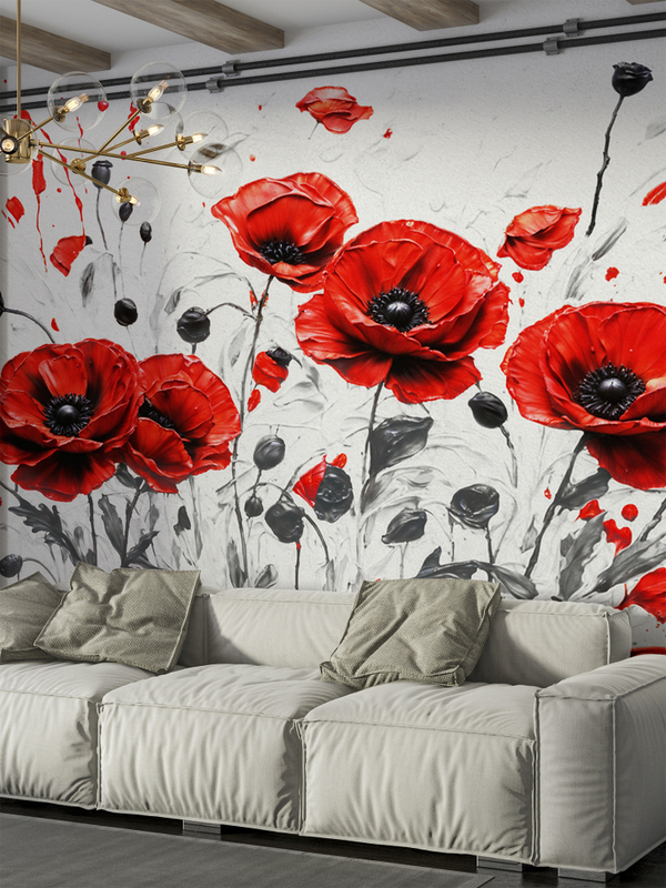 Фотообои красные цветы маки на сером фоне в стиле масляной живописи