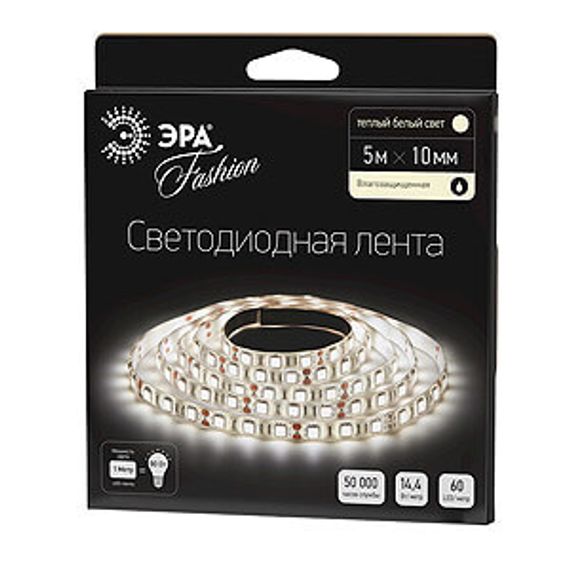 Светодиодная влагозащищенная лента ЭРА 14,4W/m 60LED/m 5050SMD теплый белый 5M LS5050-60LED-IP65-WW-5m C0043048