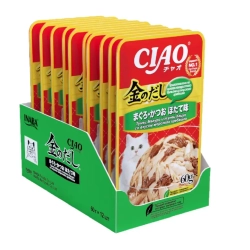 Inaba ciao kinnodashi влажный корм тунец магуро и тунец кацуо со вкусом морскогогребешка. дополнительный рацион для кошек 60г