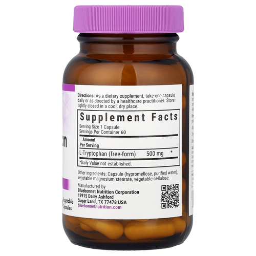 Bluebonnet Nutrition, L-триптофан, 500 мг, 60 растительных капсул