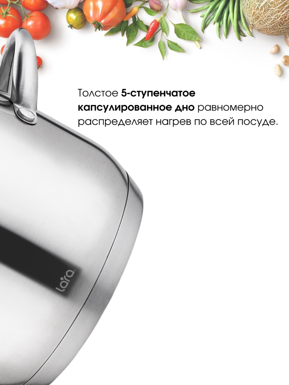 Кастрюля LARA АФИНА 02-267 2,9л, капсулированное индукционное дно, стеклянная крышка