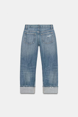 ZARA ПРЯМЫЕ ДЖИНСЫ TRF С ДЫРАМИ СРЕДНЕЙ ПОСАДКИ, ИНДИГО