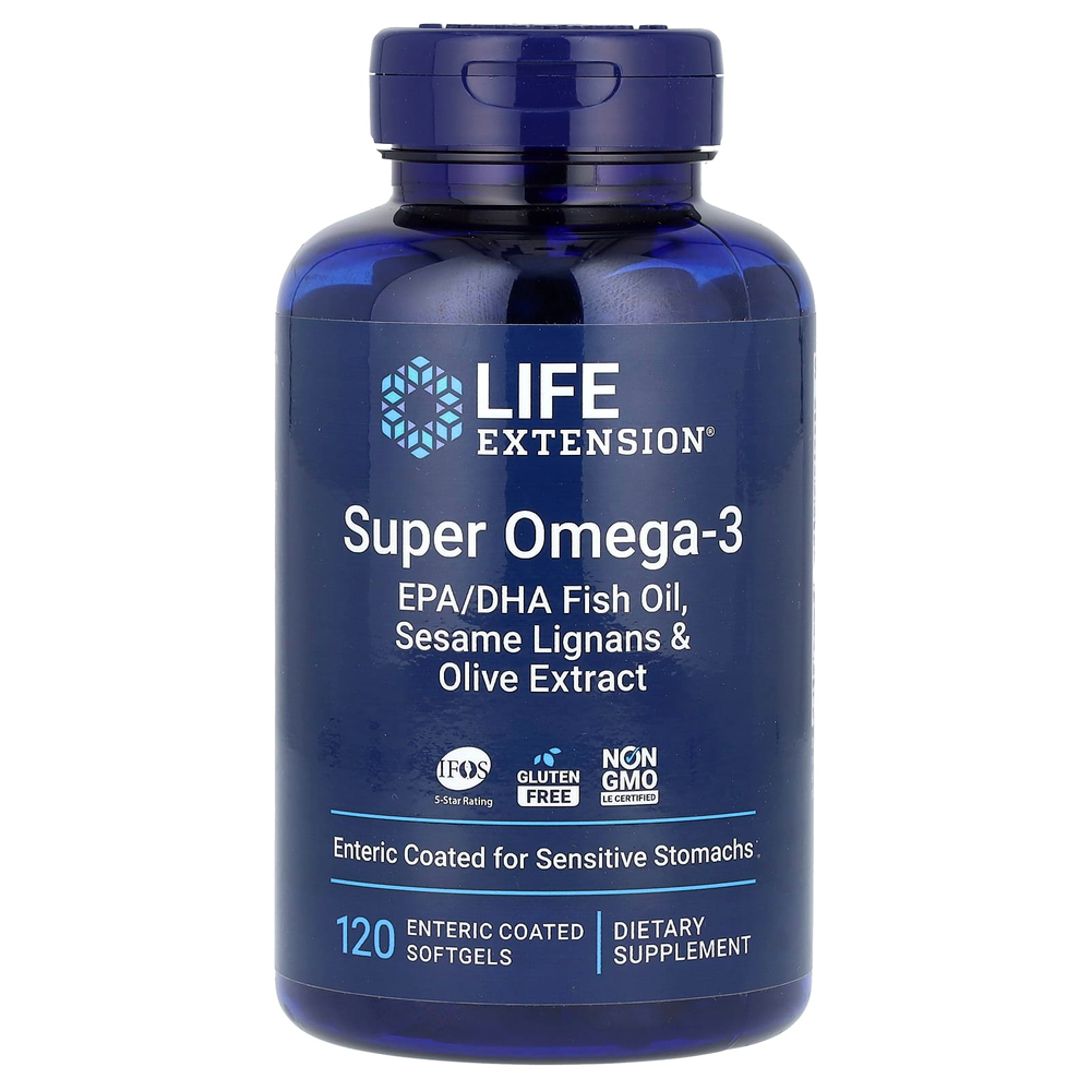 Life Extension, Super Omega-3, рыбий жир с ЭПК и ДГК, 120 капсул, покрытых кишечнорастворимой оболочкой