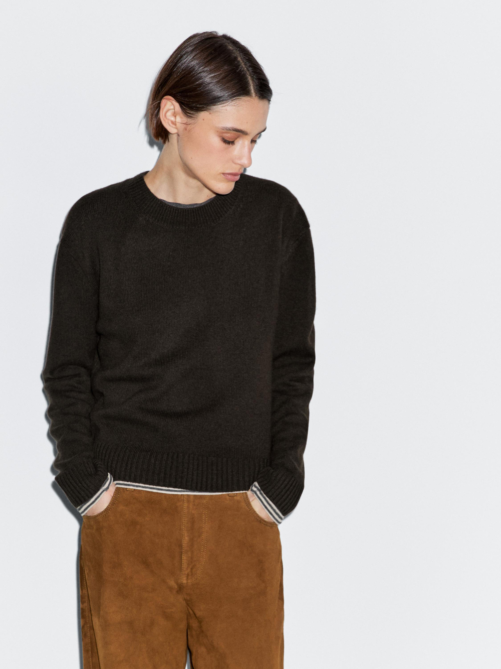 Massimo Dutti Свитер из смесовой шерсти с круглым вырезом, коричневый