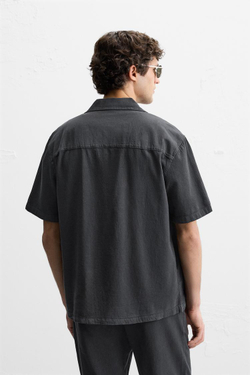 ZARA РУБАШКА ИЗ ХЛОПКА И ЛЬНА, УГОЛЬНЫЙ