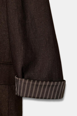 ZARA БЛЕЙЗЕР ИЗ СМЕСОВОГО ЛЬНА С ПОДВЕРНУТЫМИ РУКАВАМИ, ТЕМНО-КОРИЧНЕВЫЙ