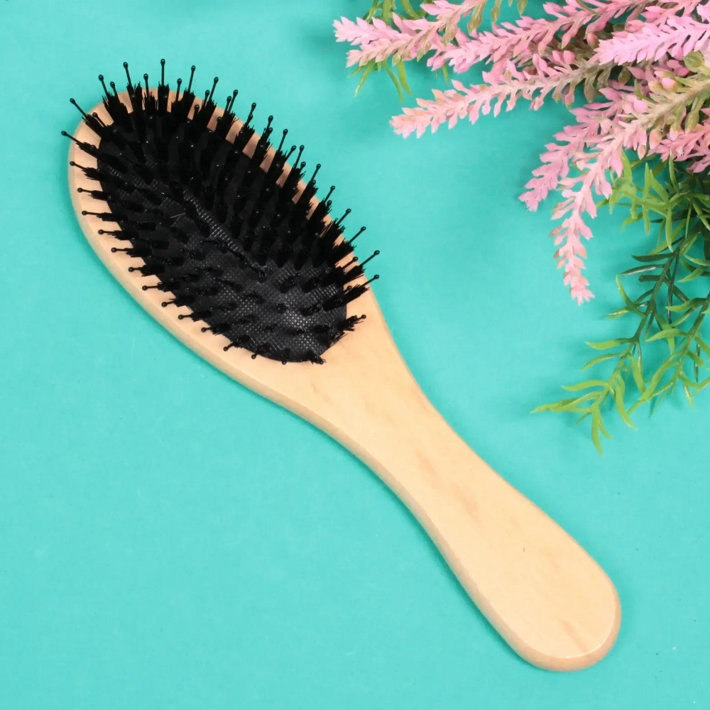 Расческа массажная деревянная «Bon Salon», форма овал, искусств. ворс, цвет бежевый, 6,5*22см (хедер- подложка пластик ультрамарин)