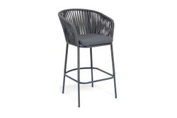 "Бордо" стул барный плетеный из роупа, каркас из стали темно-серый (RAL7024) муар, роуп серый 15мм, ткань темно-серая 027 NEW