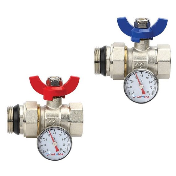 Кран шаровой VARMEGA, НР-ВР 1quot;x3/4quot;, с разъемным соединением, с термометром, комплект_2 шт