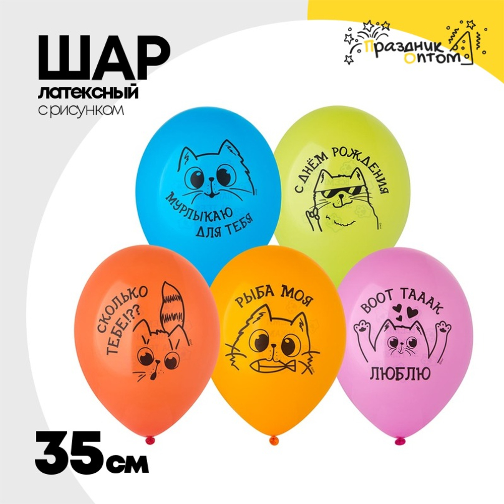 Шар латексный 35см С ДР! Котики (Ассорти)