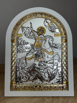 Георгий Победоносец, икона арочная, белое дерево 206х275