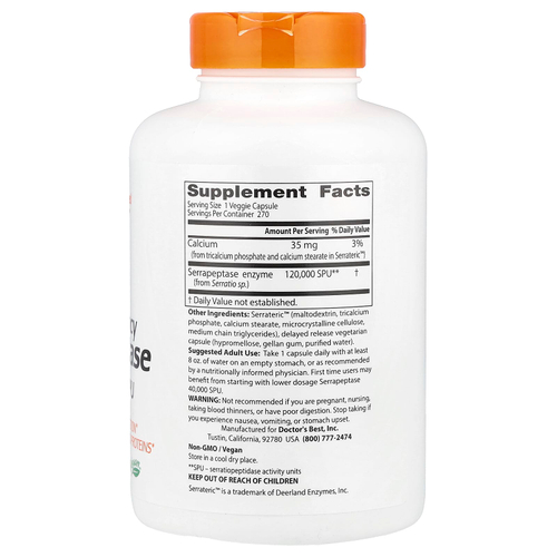 Doctor's Best, высокоэффективная серрапептаза, 120 000 SPU, 270 растительных капсул