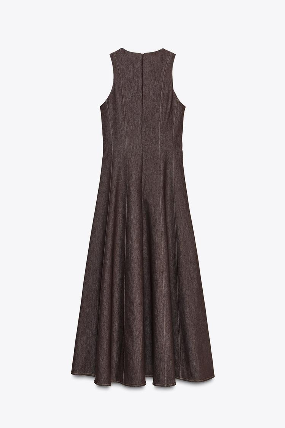 ZARA ПЛАТЬЕ-МИДИ С КОНТРАСТНОЙ ОТДЕЛОЧНОЙ СТРОЧКОЙ, КОРИЧНЕВЫЙ