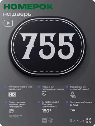 Номерок на дверь квартиры 755, для кабинета, офиса, шильдик 9 х 7 см, черный, Айдентика Технолоджи