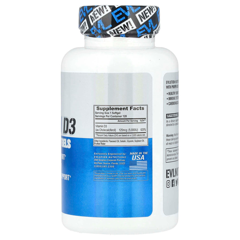 EVLution Nutrition, Витамин D3, 5000 МЕ, 120 мягких таблеток