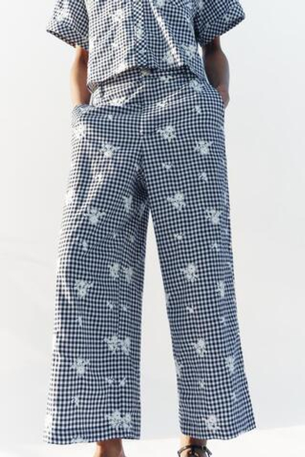 ZARA БРЮКИ-КЮЛОТЫ В КЛЕТКУ С ВЫШИВКОЙ В КОМПЛЕКТЕ, ТЕМНО-СИНИЙ/БЕЛЫЙ