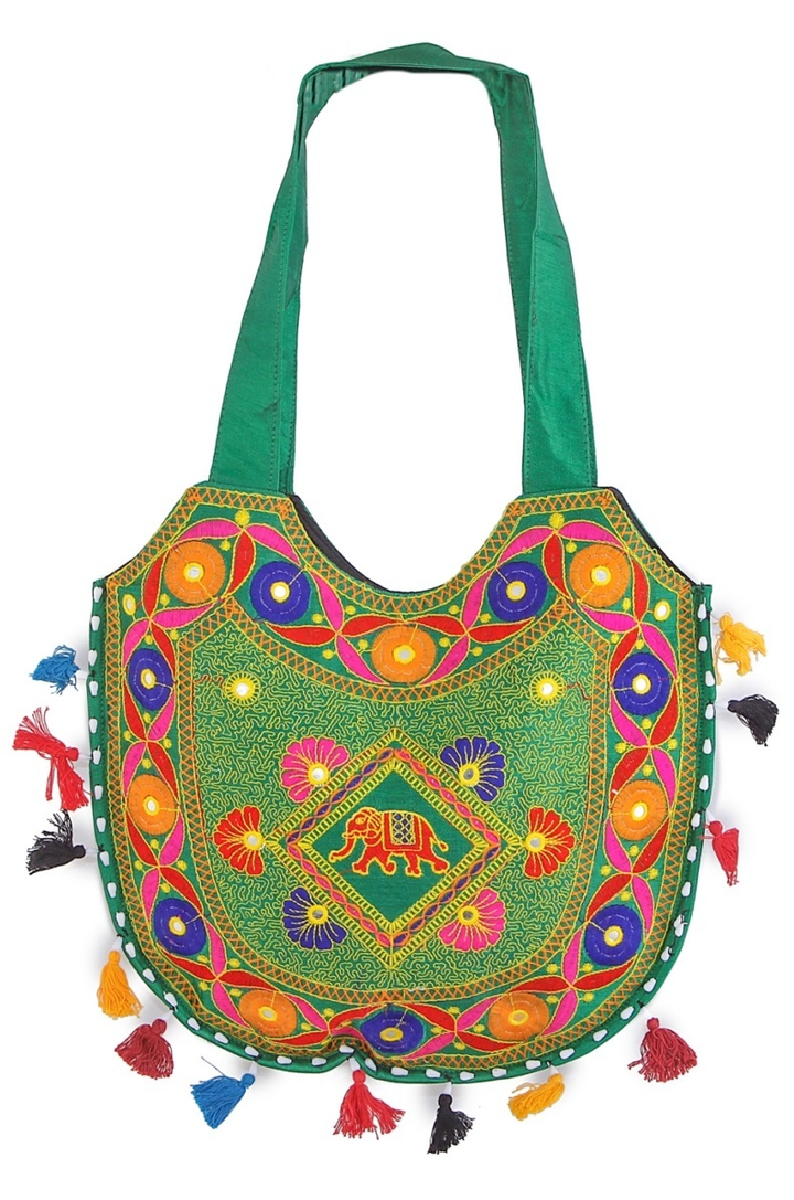Сумка Этно "Слон" с вышивкой, зеркалами и кисточками, цвет голубой зеленый