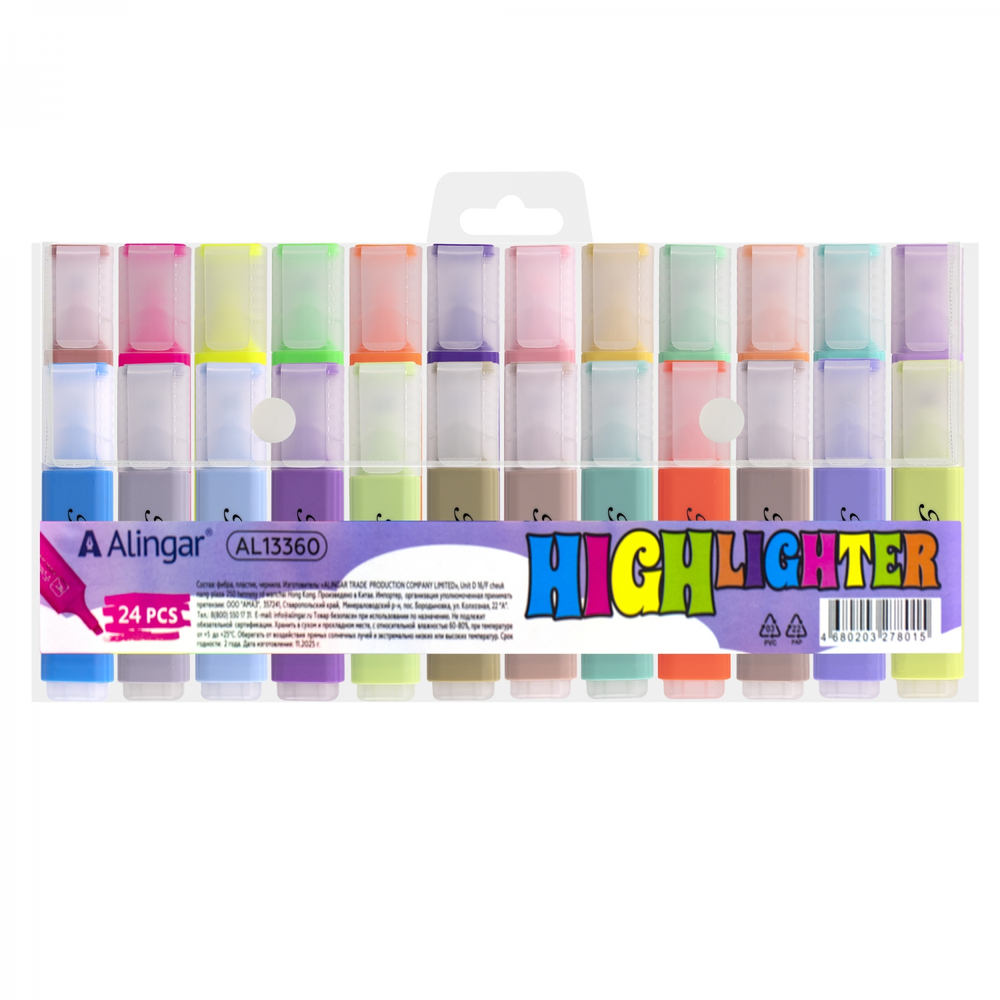Набор текстовыделителей, 24 цвета, 12 пастель+12 неон, Alingar, "HIGHlighter", прямоугольный корпус, скошенный, пенал ПВХ с кнопкой, европодвес