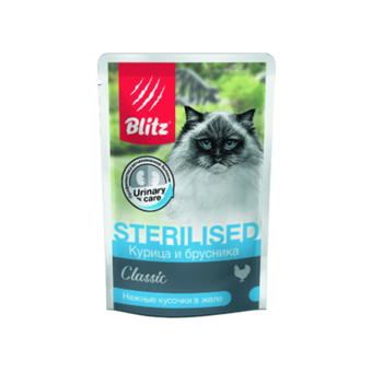 Влажный корм для кастрированных или стерилизованных кошек и котов Курица и брусника нежные кусочки в желе Blitz Classic Chicken & lingonberry in Jelly Sterilised Adult Cat All Breeds 0,085кг. В комплекте 24шт