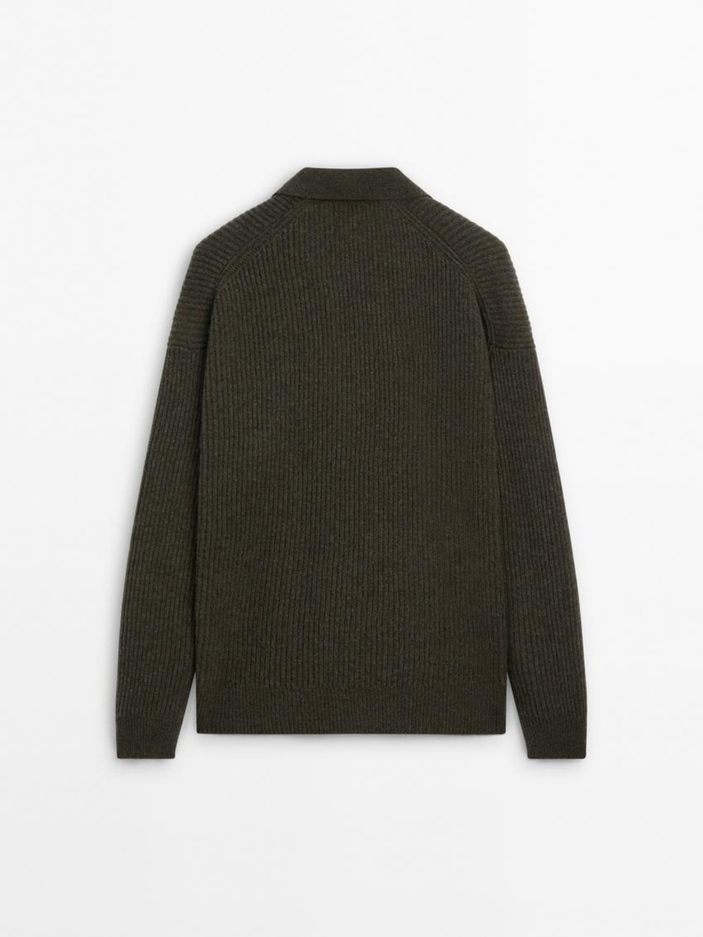 Massimo Dutti Шерстяной свитер с воротником поло, зеленоватый