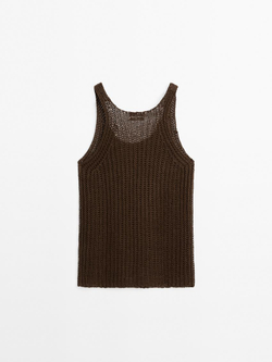 Massimo Dutti Трикотажный топ изо льна с круглым вырезом, шоколадный