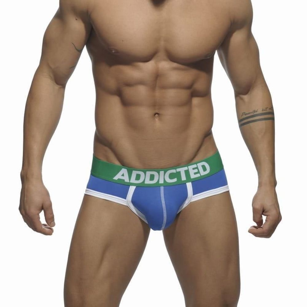 Мужские трусы брифы голубые с зеленой резинкой  ADDICTED Basic Brief Royal Blue