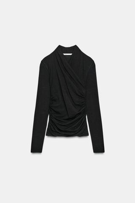 ZARA ФУТБОЛКА С БОКОВОЙ ДРАПИРОВКОЙ, ЧЕРНЫЙ