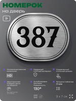 Номерок на дверь квартиры 387, для кабинета, офиса, шильдик 9 х 7 см, брашированная сталь, Айдентика Технолоджи