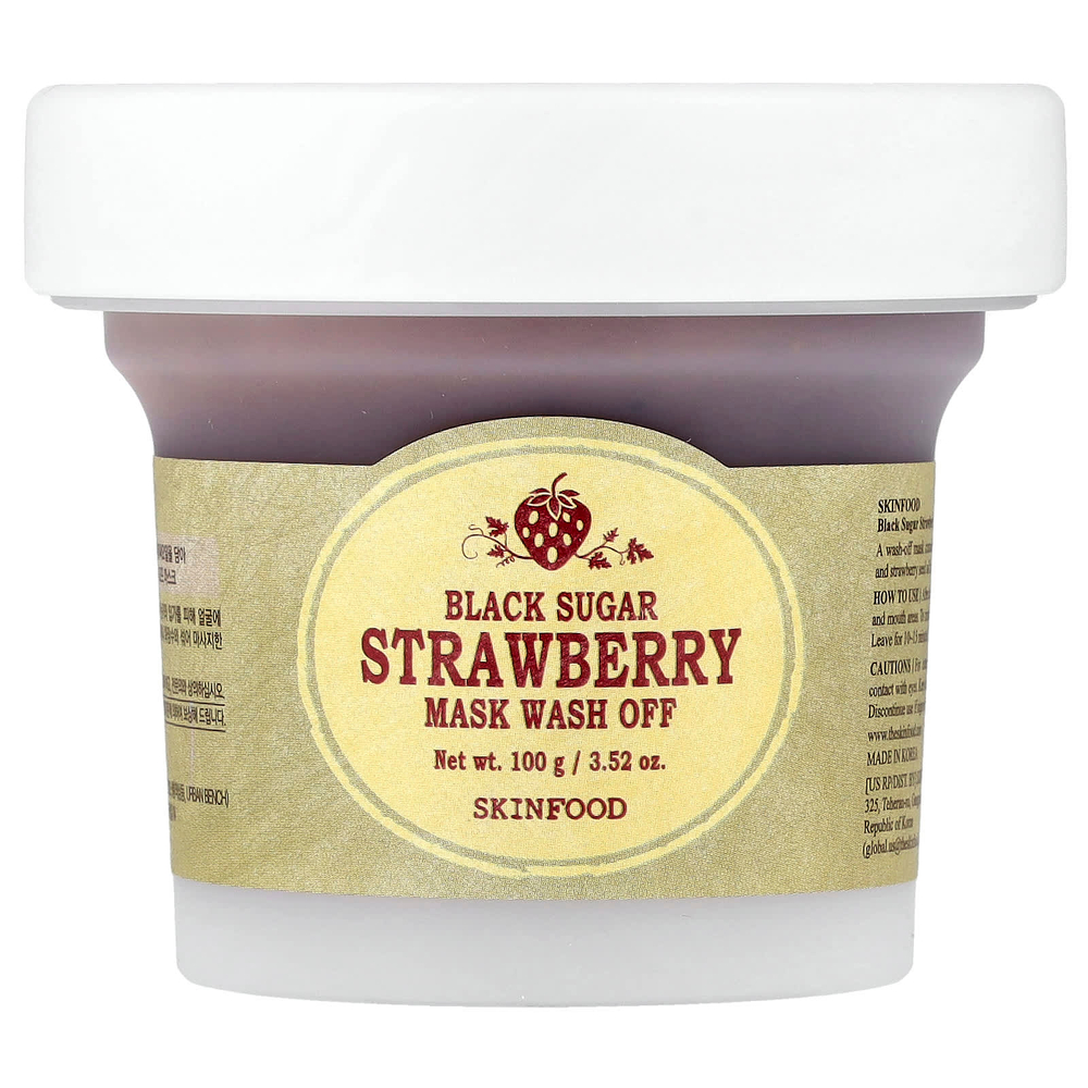 SKINFOOD, смываемая маска для лица с черным сахаром, с клубникой, 100 г (3,52 унции)