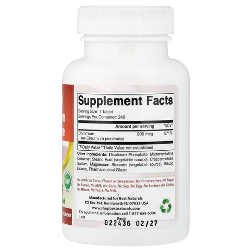 Best Naturals, пиколинат хрома, 200 мкг, 240 таблеток