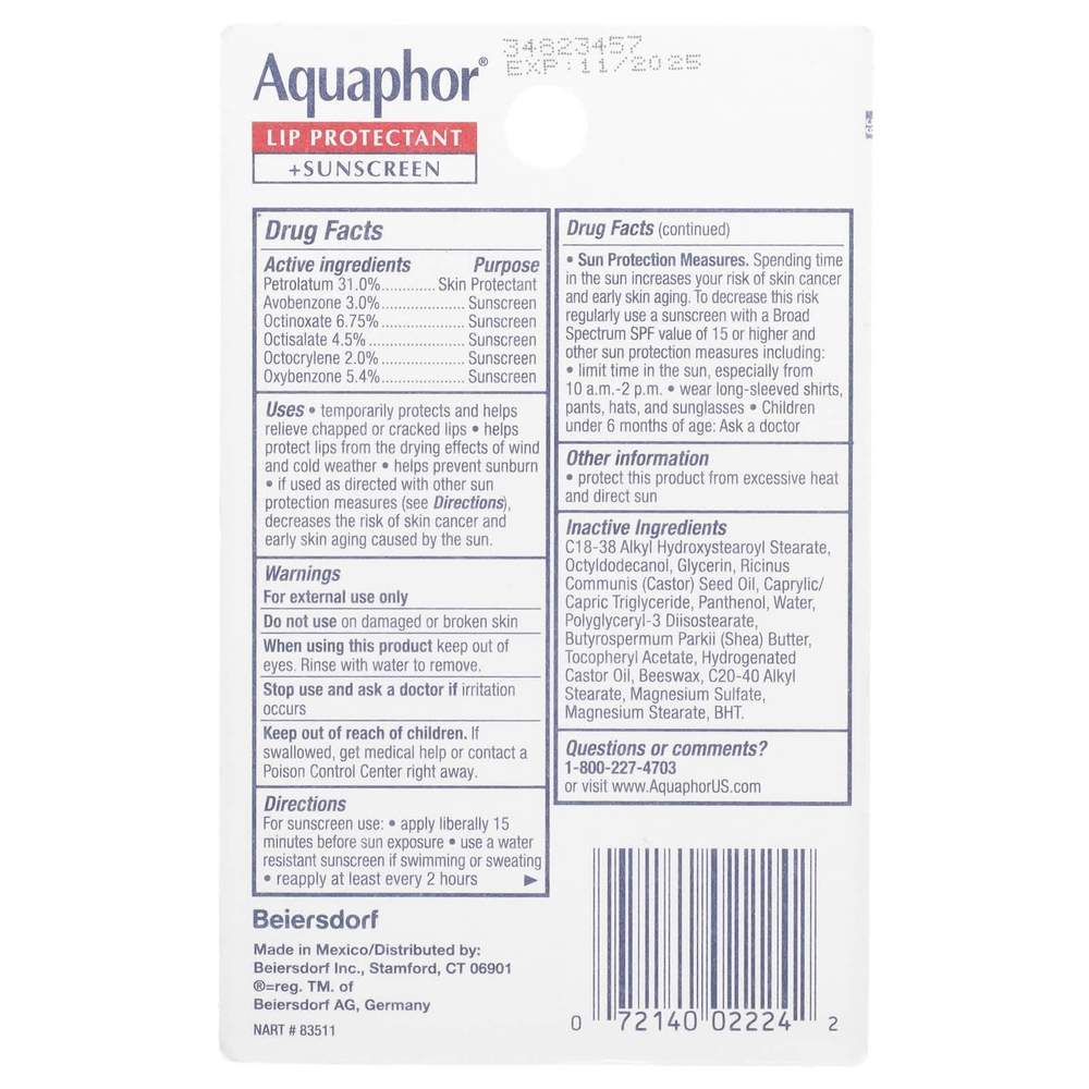 Aquaphor, Средство для защиты губ и солнцезащитное средство, SPF 30, без отдушек, 2 тюбика по 10 мл (0,35 жидк. унц.)