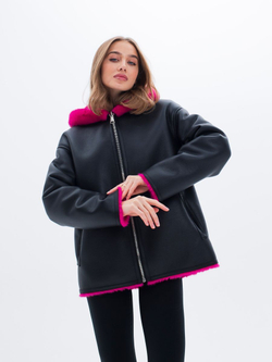 Дубленка короткая зимняя, фуксия, Северина