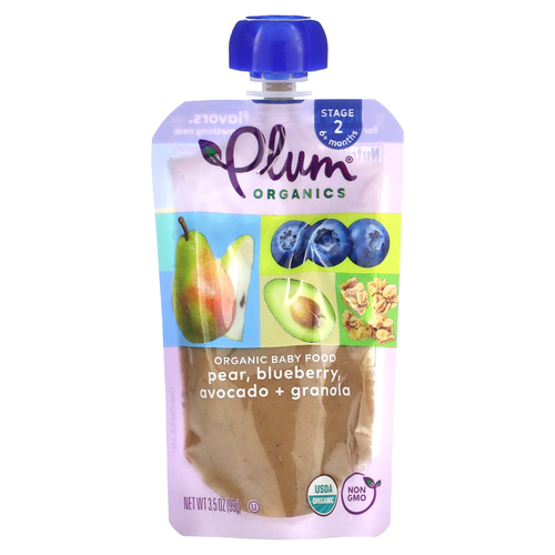 Plum Organics, Органическое детское питание, от 6 месяцев, груша, голубика, авокадо и гранола, 99 г (3,5 унции)
