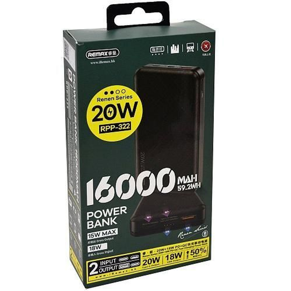 Портативный аккумулятор REMAX RPP-322 16000 mAh PD+QC 3.0 (черный)