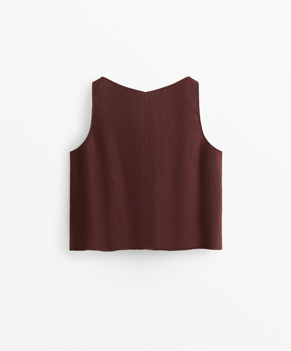 Oysho Топ из 100% льна с V-образным вырезом, шоколадный