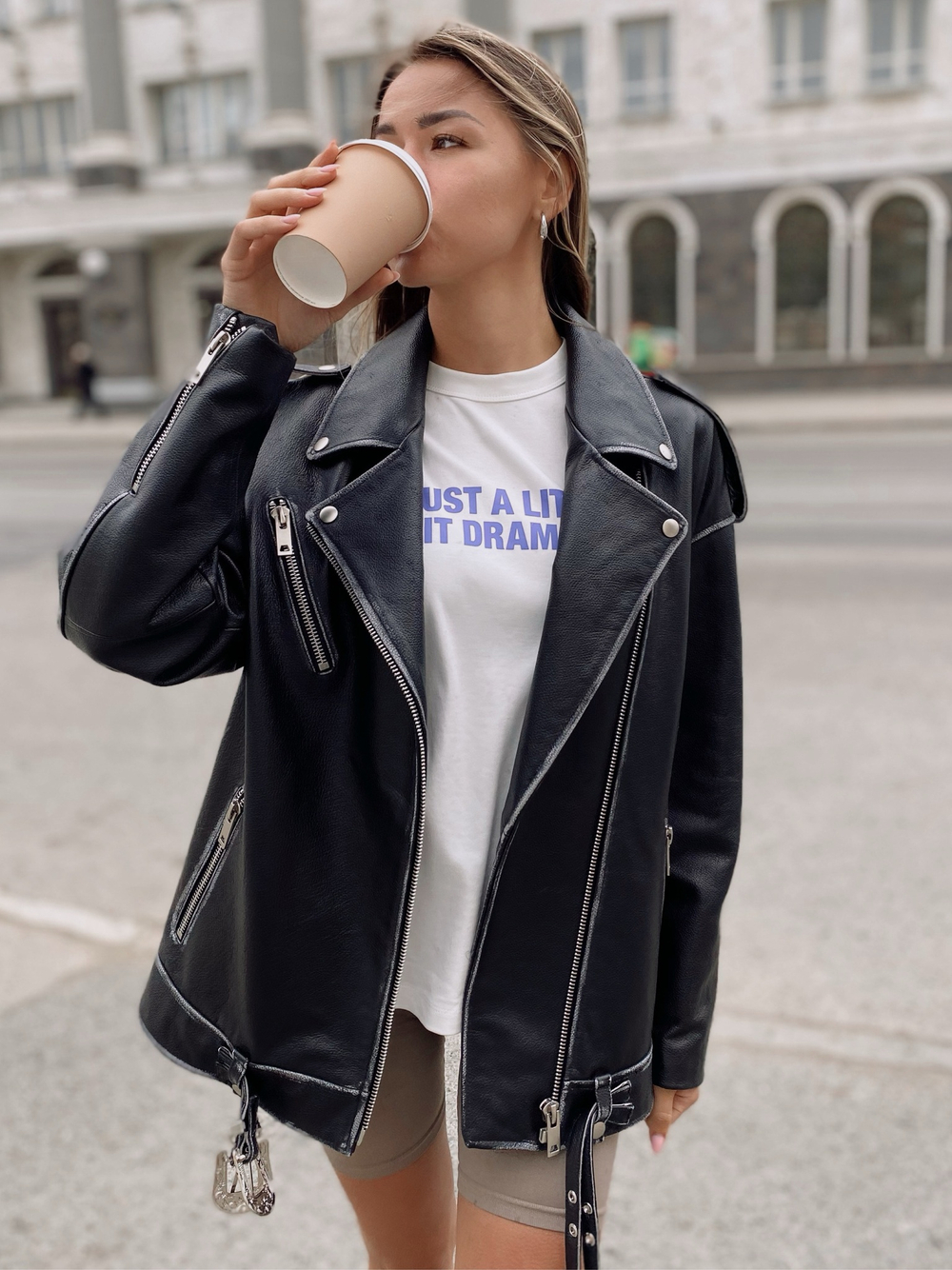 Удлиненная кожаная куртка - косуха «oversize” из кожи “джумбо»