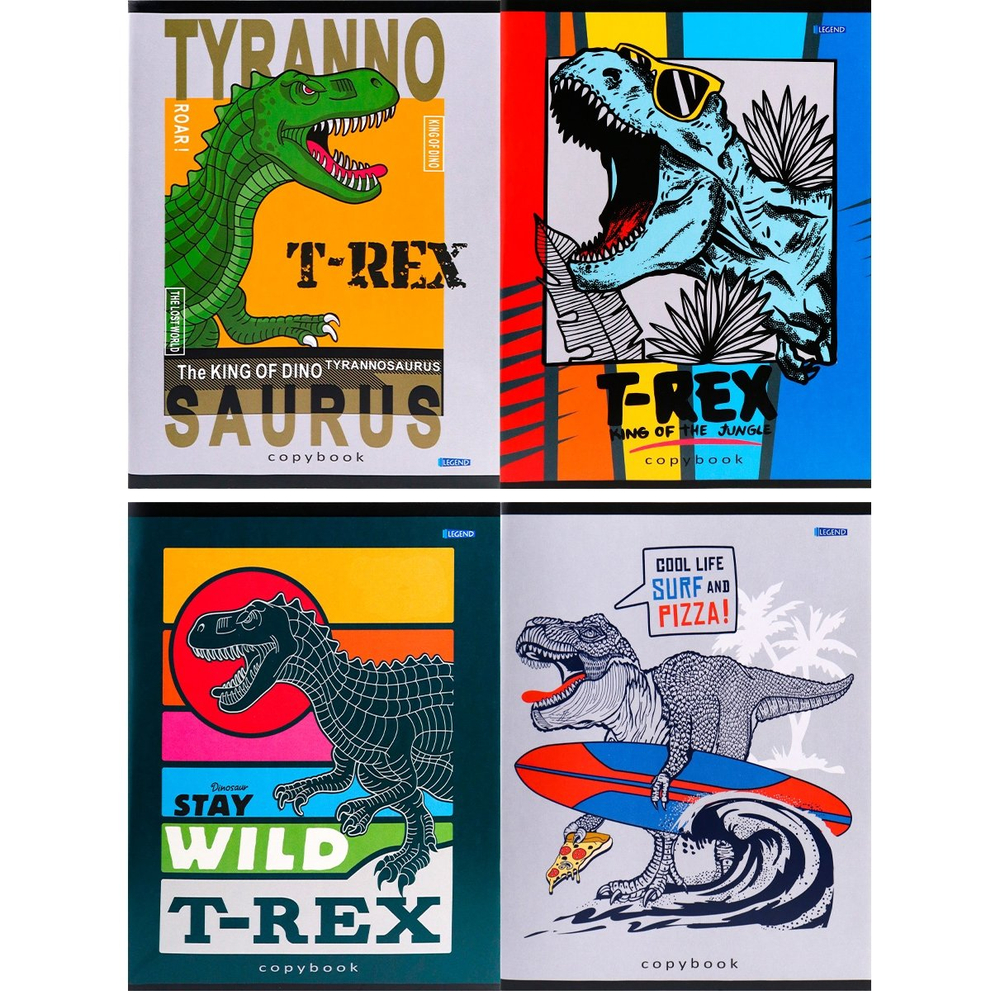 Тетрадь 96л., А5, клетка, Проф-Пресс "Клёвые тираннозавры", скрепка, мелованная обложка, 4 дизайна в коробе