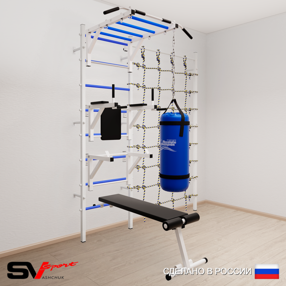 Шведская стенка Sv Sport 52610 (Турник рукоход/Брусья/Стойка/Скамья/Цепь/Мешок 15кг/Канатный лаз)