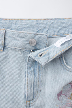 ZARA ДЖИНСЫ WIDE LEG С ЦВЕТОЧНОЙ ВЫШИВКОЙ, ГОЛУБОЙ