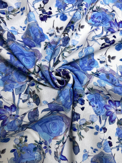 Плательная лен принт розы голубые на белом PHARMA RH#37