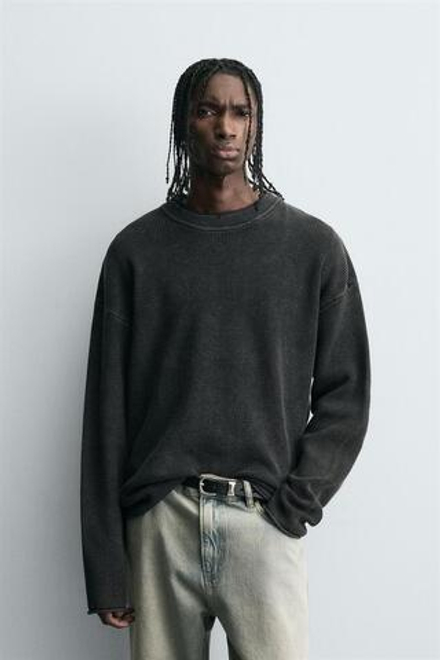 ZARA СВИТЕР ВАФЕЛЬНОГО ПЛЕТЕНИЯ С ЭФФЕКТОМ ПОТЕРТОСТИ, ЛИНЯЛЫЙ ТЕМНО-СИНИЙ